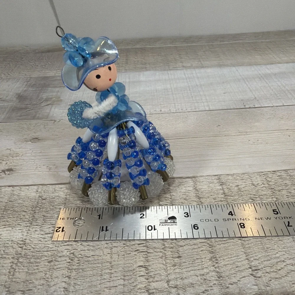 Vintage Handmade Beaded Safety Pin Victorian Lady Christmas Ornament Blue